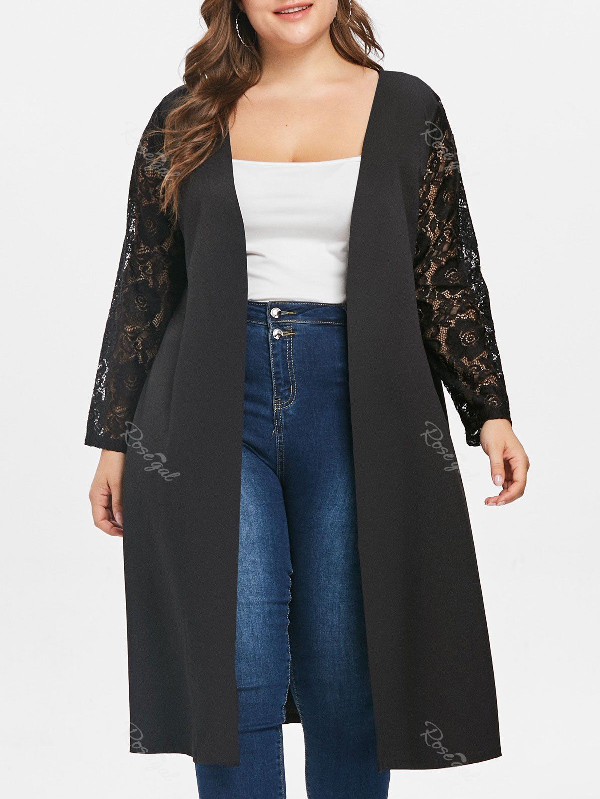 

Plus Size Lace Panel Long Coat, Black