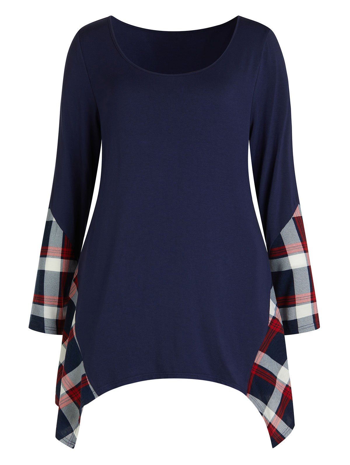 

Tartan Panel Plus Size Asymmetrical T-shirt, Deep blue