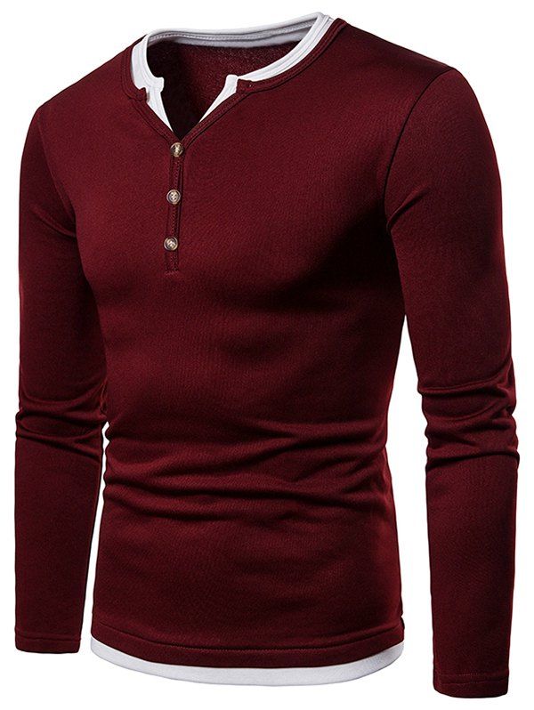 

Faux Two Pieces V Neck T-shirt, Red wine