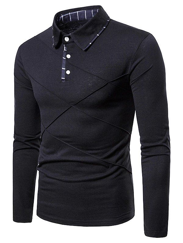

Patchwork Sewing Color Block Collar T Shirt, Black