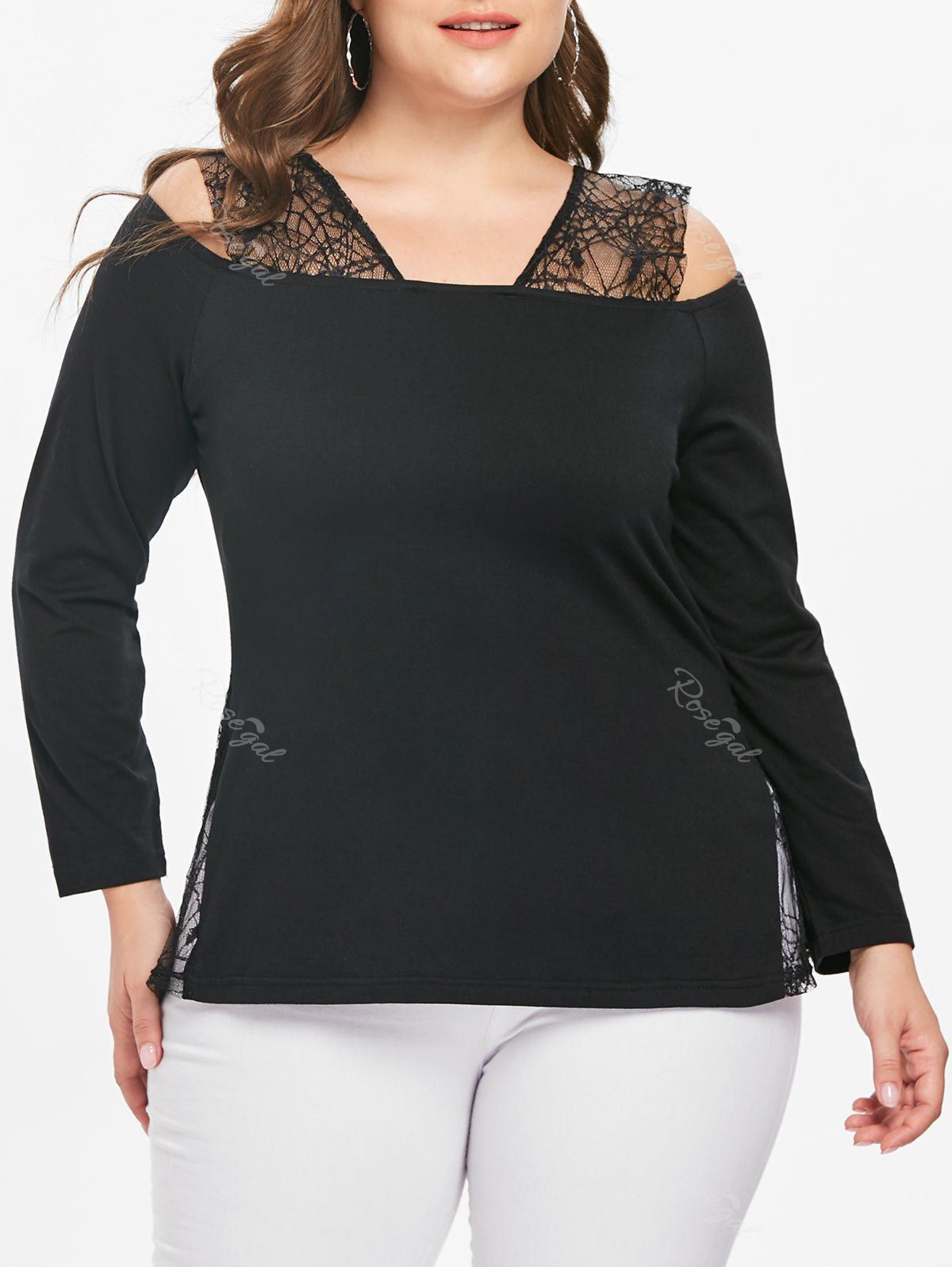 

Halloween Cold Shoulder Plus Size Lace Panel T-shirt, Black