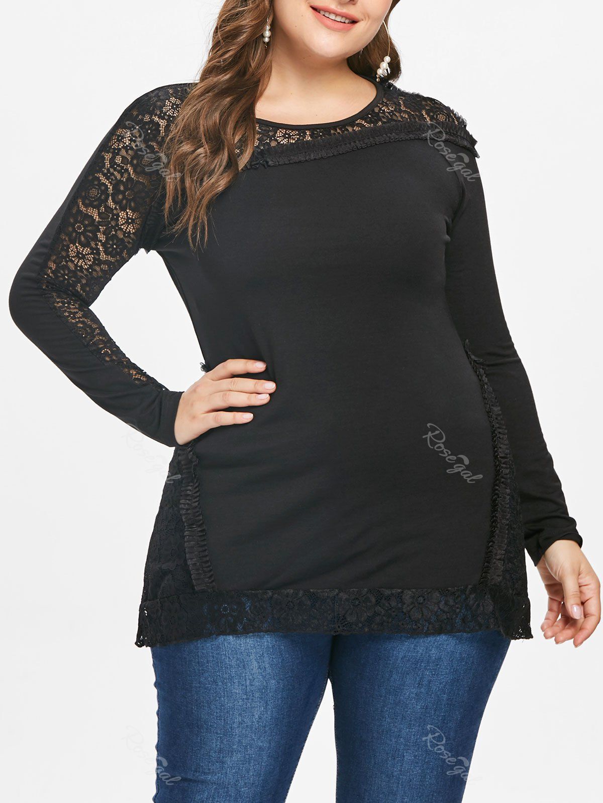 

Plus Size Lace Insert Long Sleeve T-shirt, Black