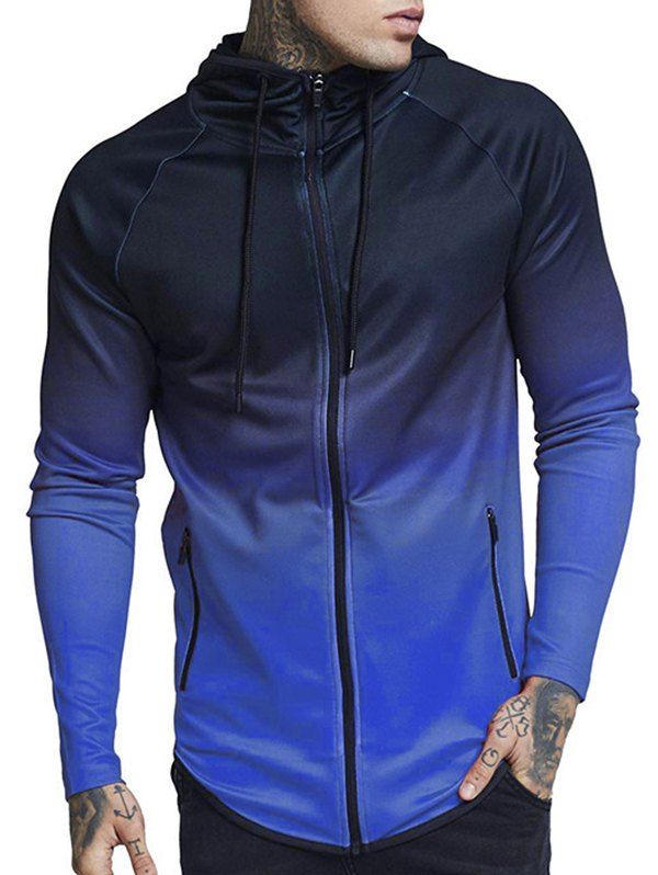 

Raglan Sleeve Zip Pockets Drawstring Hoodie, Blue