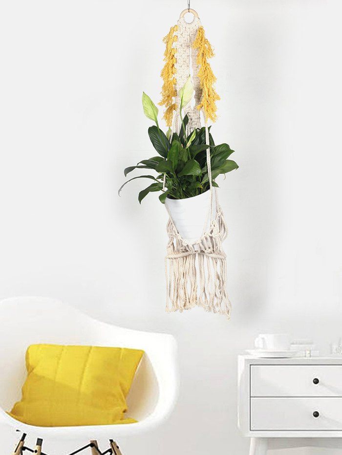 2018 Handmade Braided Macrame Plant Hanging Basket In Beige Hot Handmade Braided Macrame Plant Hanging Basket