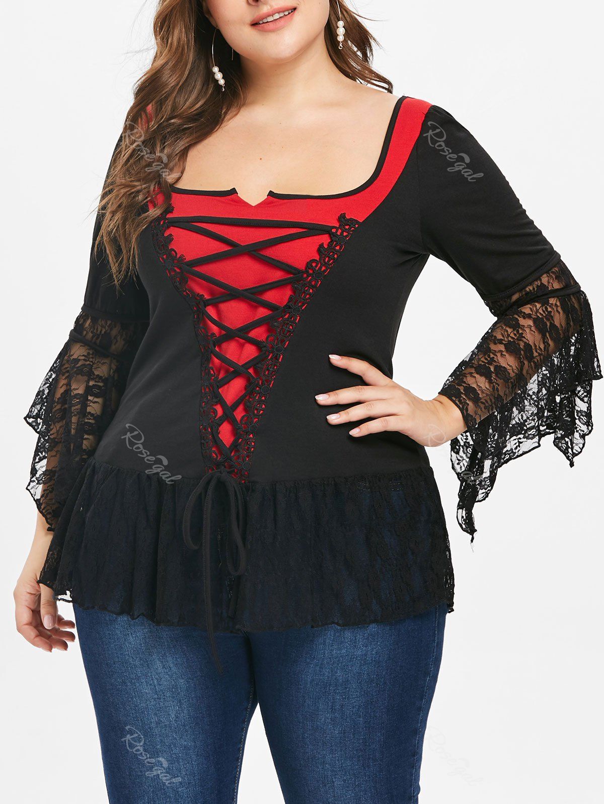 

Plus Size U Neck Lace Panel T-shirt, Red