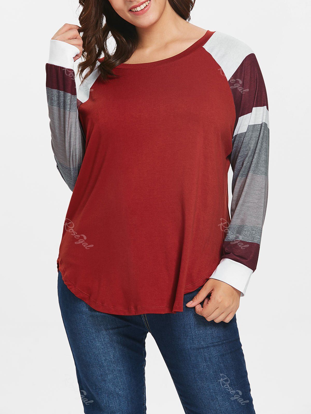 

Raglan Sleeve Plus Size Color Block T-shirt, Red