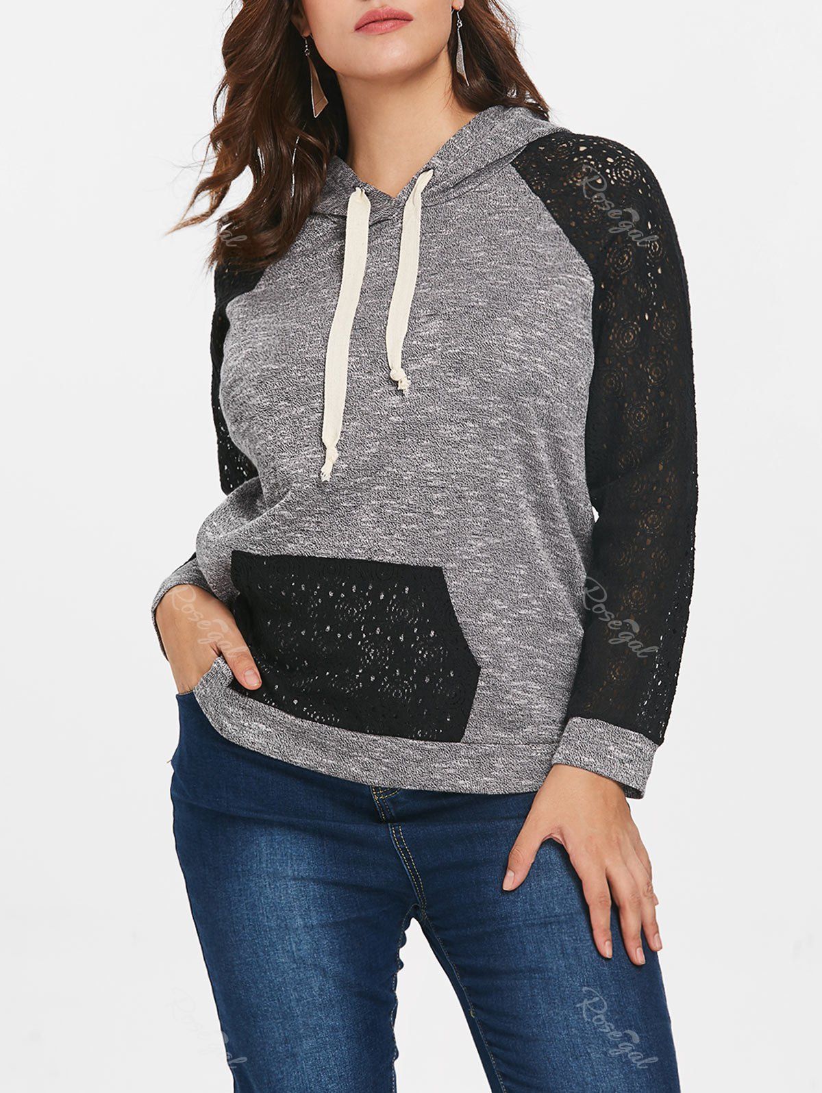 

Lace Raglan Sleeve Plus Size Kangaroo Pocket Hoodie, Black
