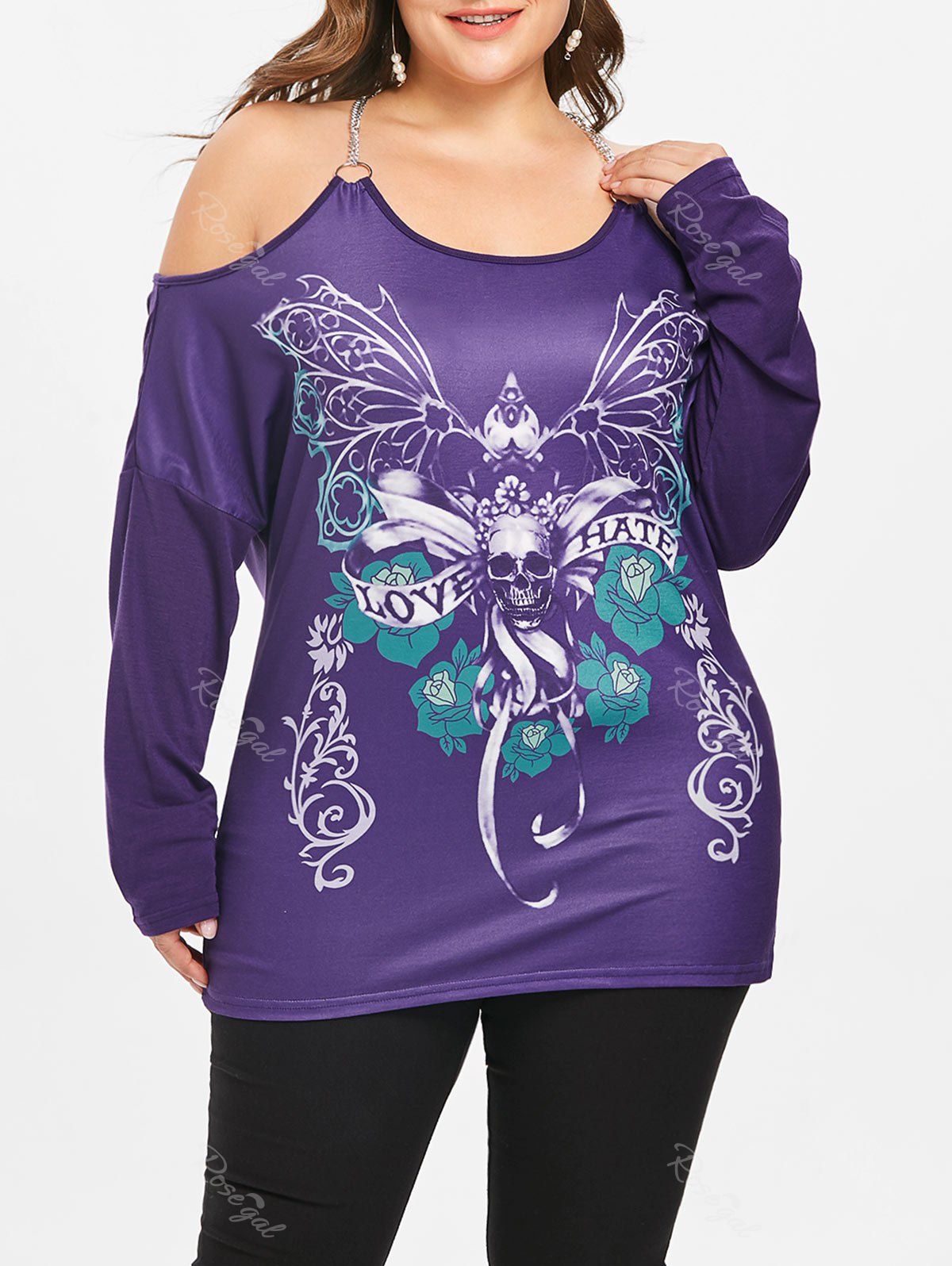 

Plus Size Skull Chains Embellished T-shirt, Purple