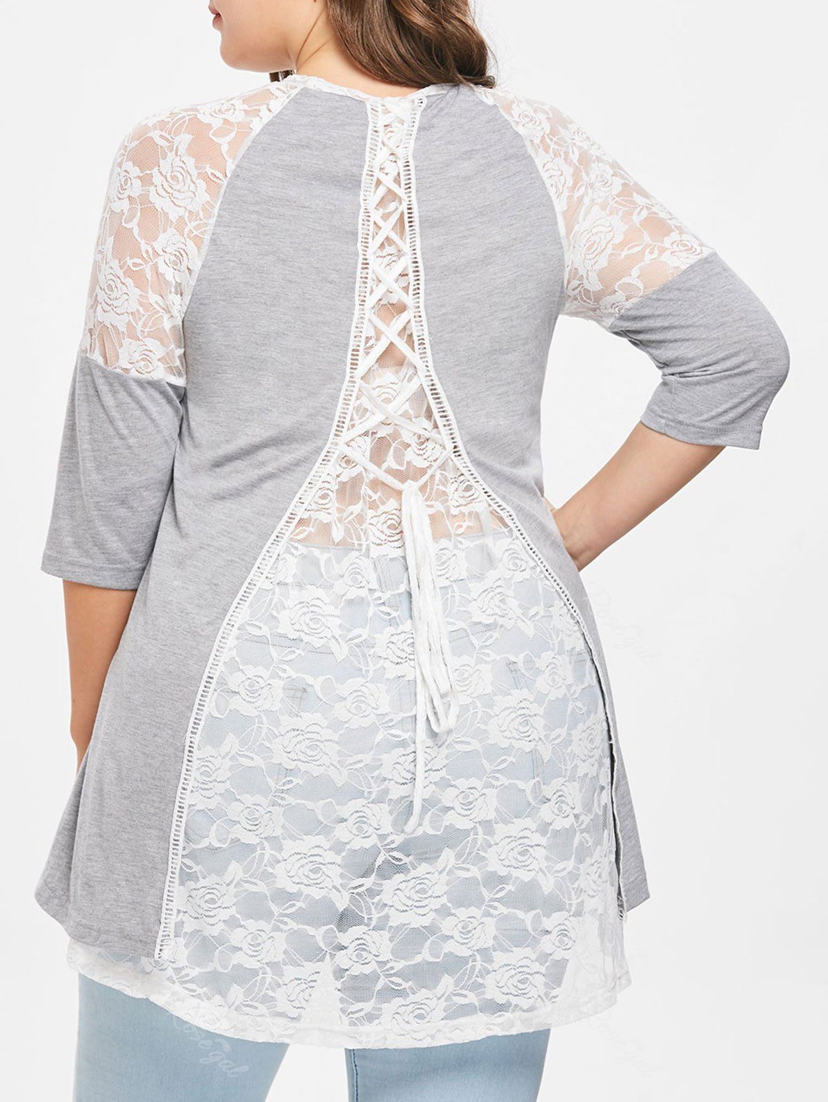 

Plus Size Lace Detail High Low T-shirt, Light gray