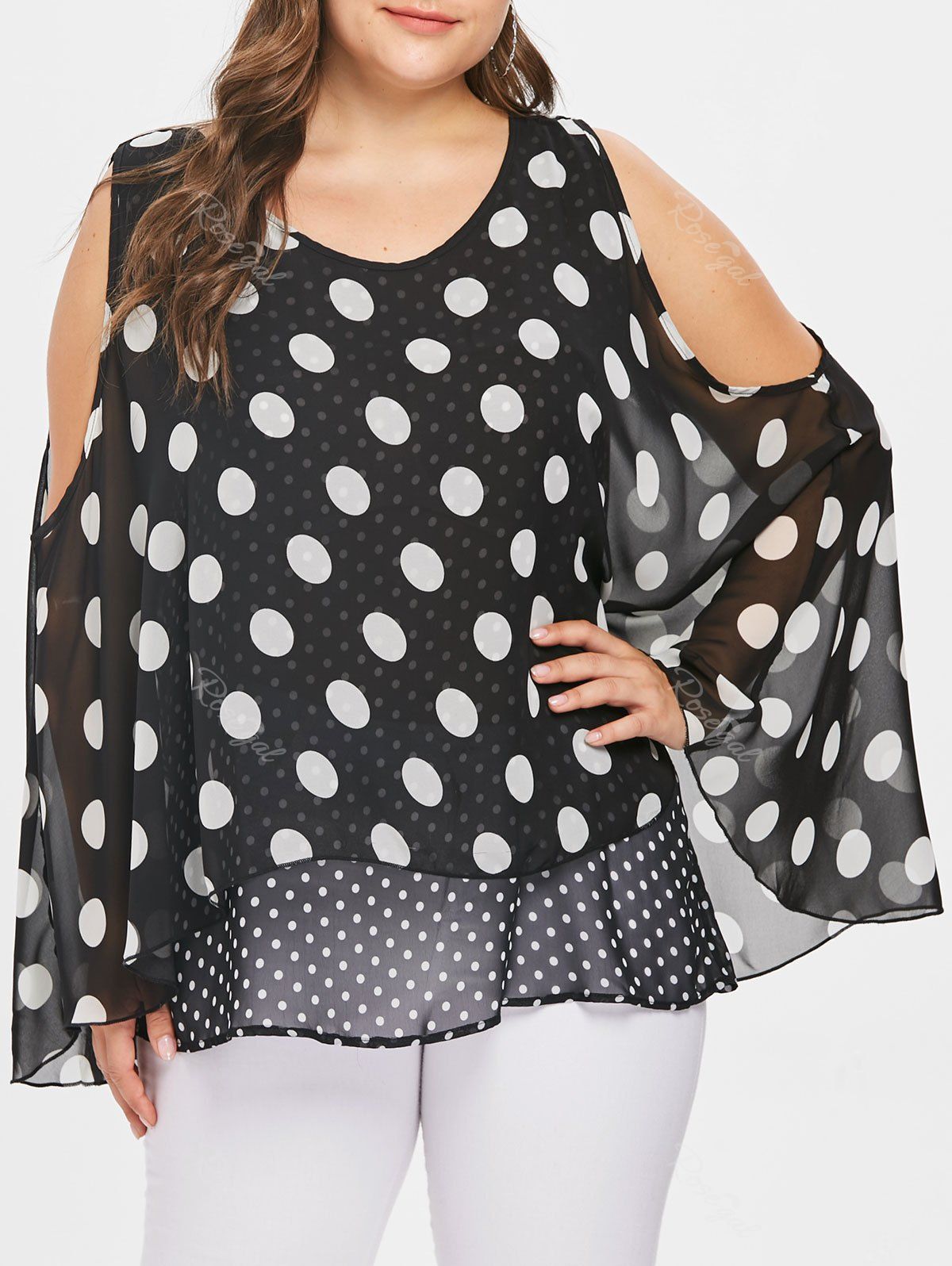 

Cold Shoulder Plus Size Overlay Polka Dot Blouse, Black
