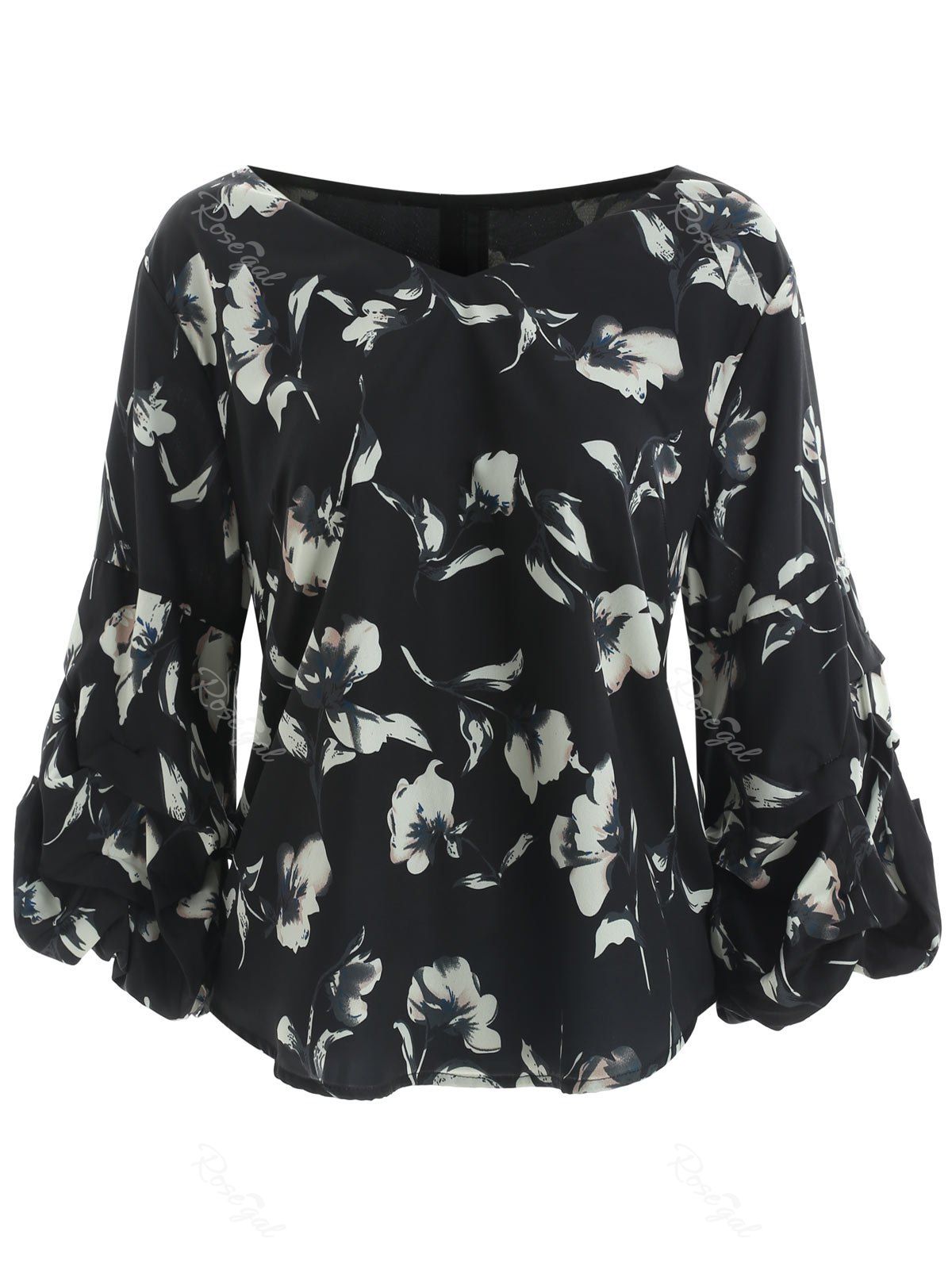 

Puff Sleeve Plus Size Floral Print Blouse, Black