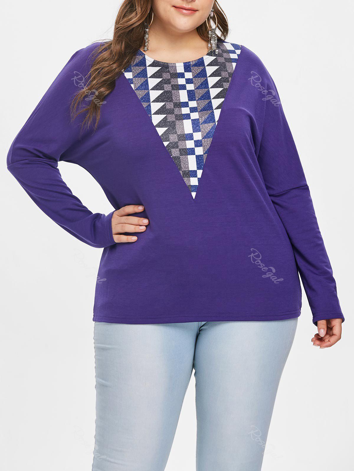 

Geometric Pattern Panel Plus Size T-shirt, Purple