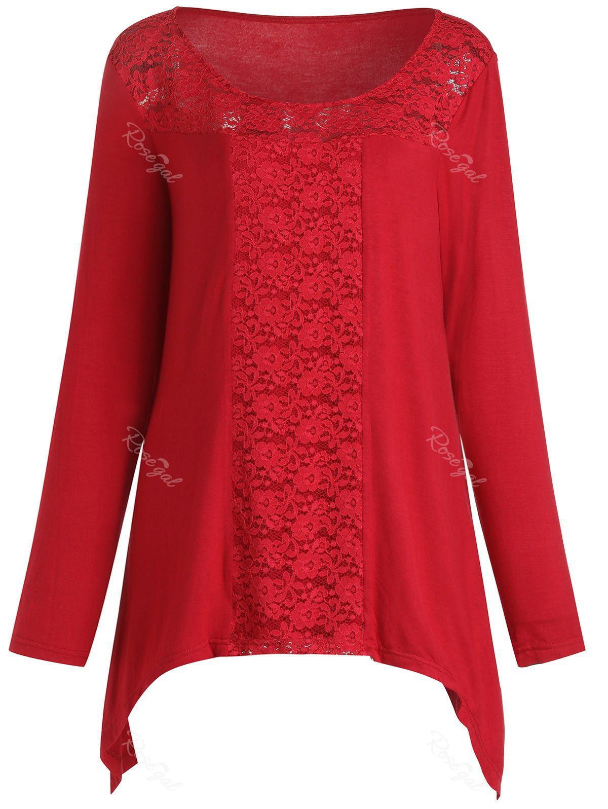 

Plus Size Lace Spliced Long Sleeves Tee, Red