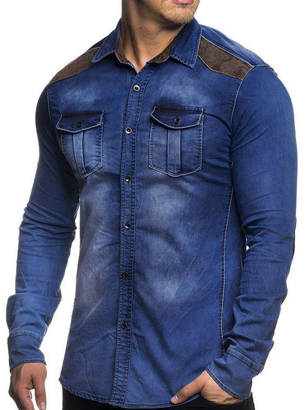 

Denim Chest Pockets Long Sleeve Panel Shirt, Blue