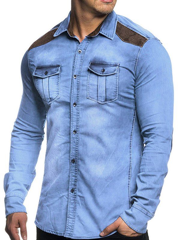 

Denim Chest Pockets Long Sleeve Panel Shirt, Light blue
