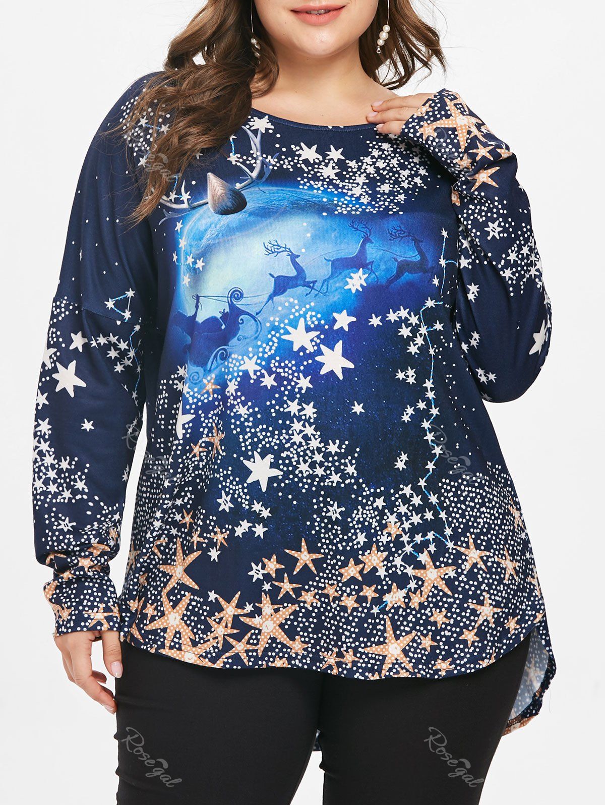 

Christmas Plus Size Reindeer Dip Hem Top, Deep blue