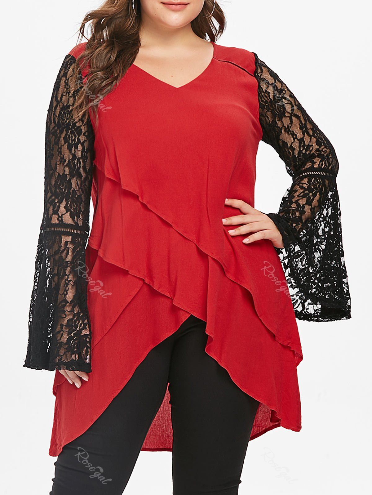 

Plus Size Bell Sleeve Lace Panel Layered Top, Red
