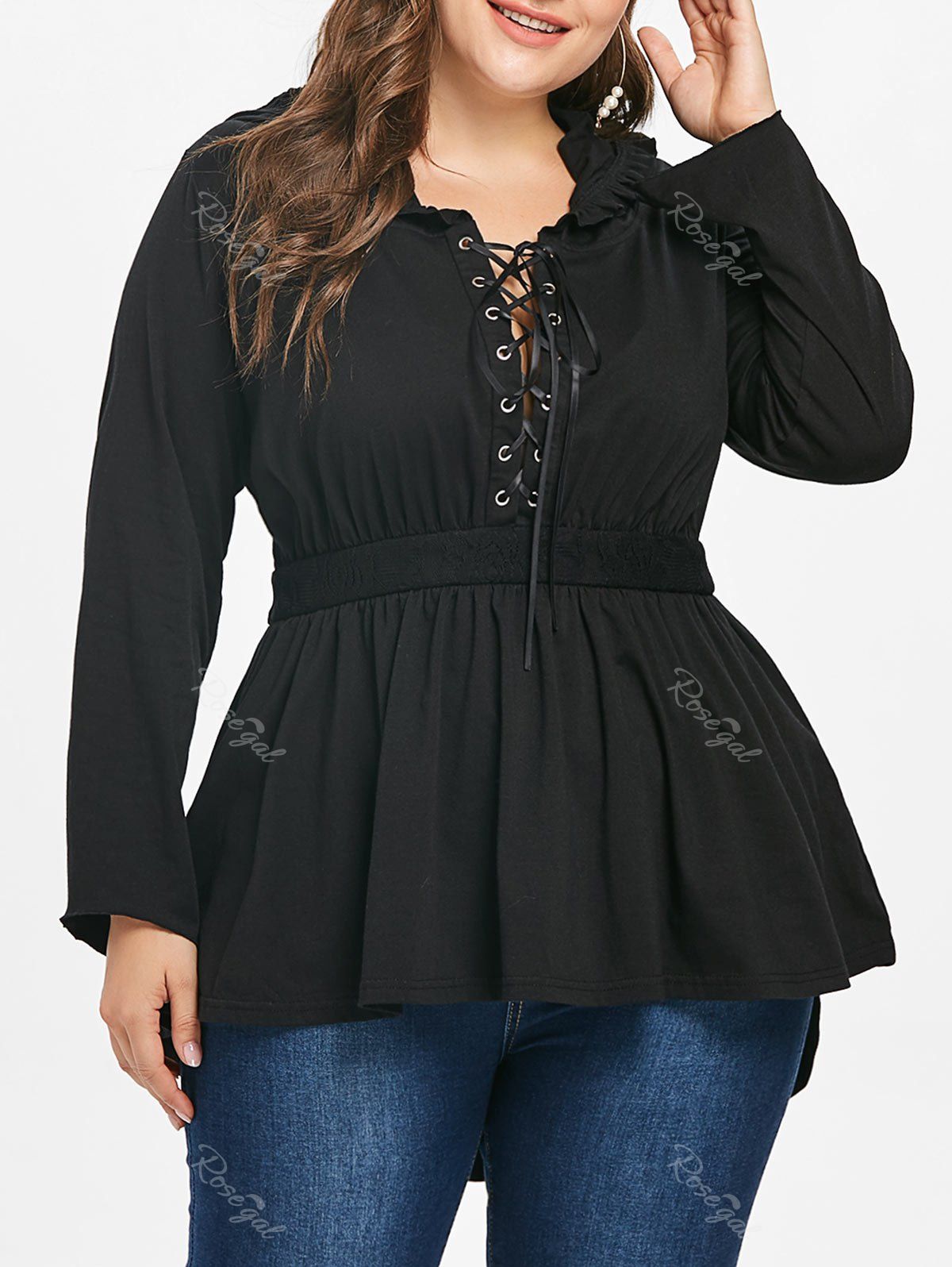 

Skirted Lace Up Plus Size Top, Black
