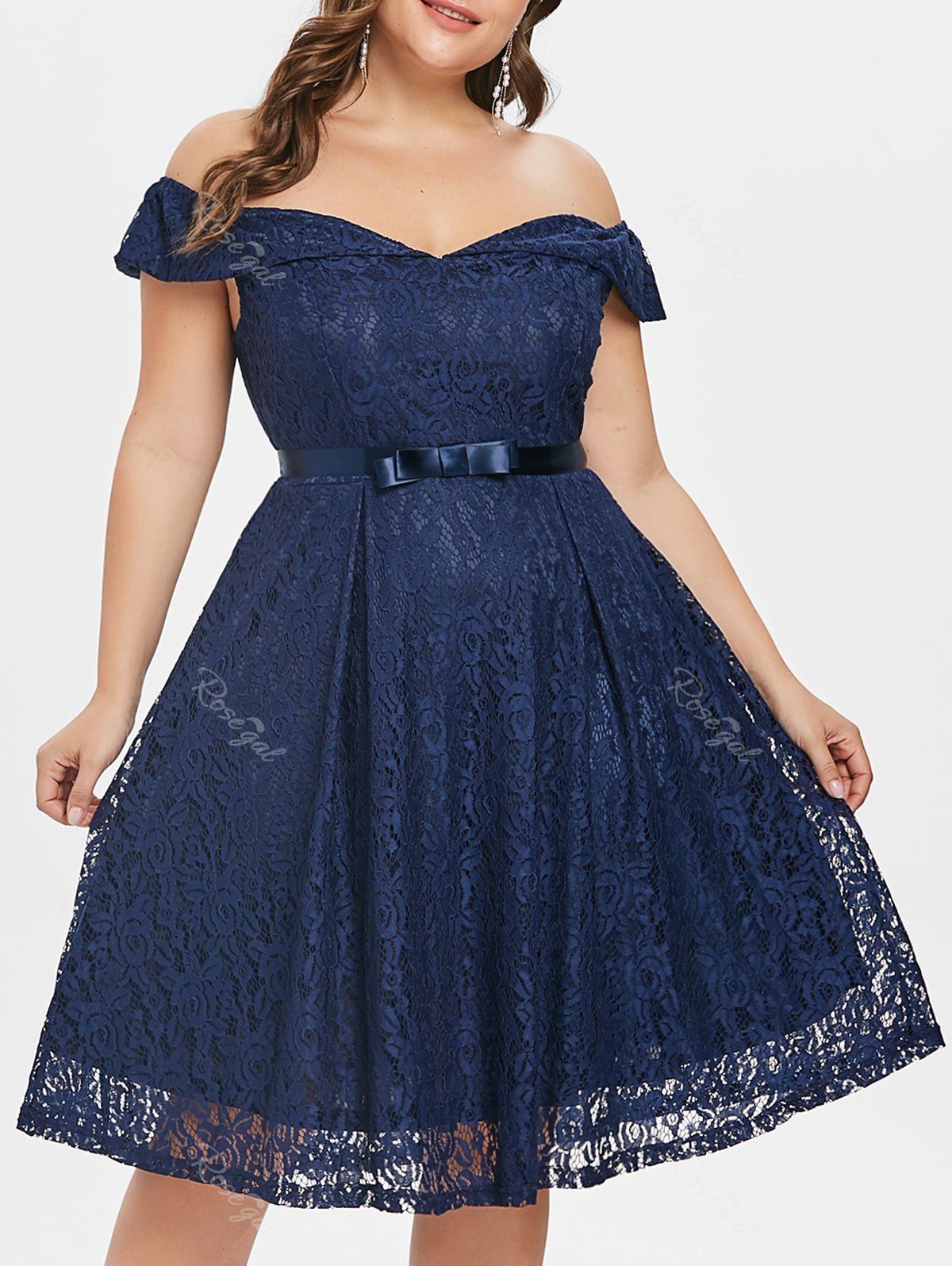 

Plus Size Off The Shoulder Lace Vintage Dress, Deep blue