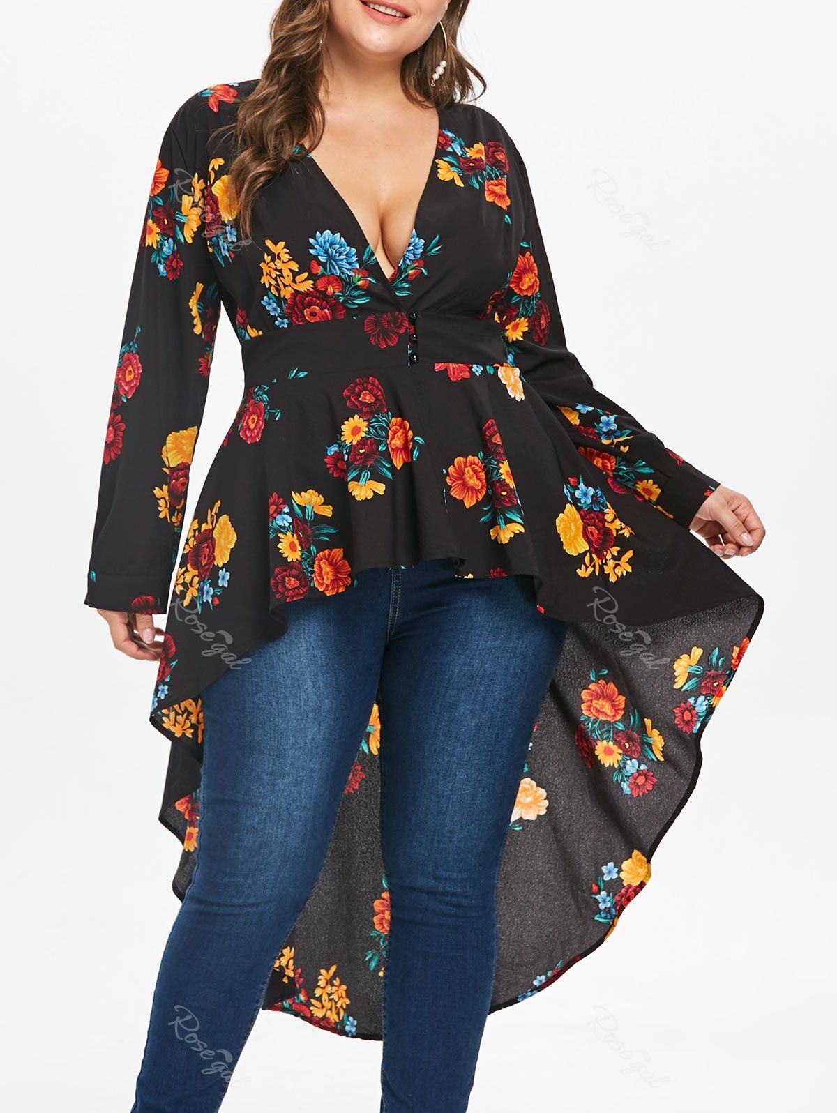

Plus Size Plunge High Low Floral Maxi Blouse, Black
