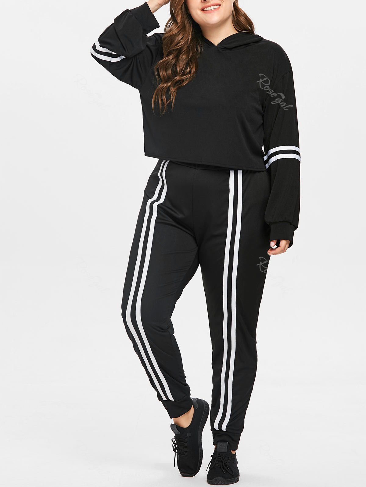 

Stripe Trim Plus Size Sport Suit, Black