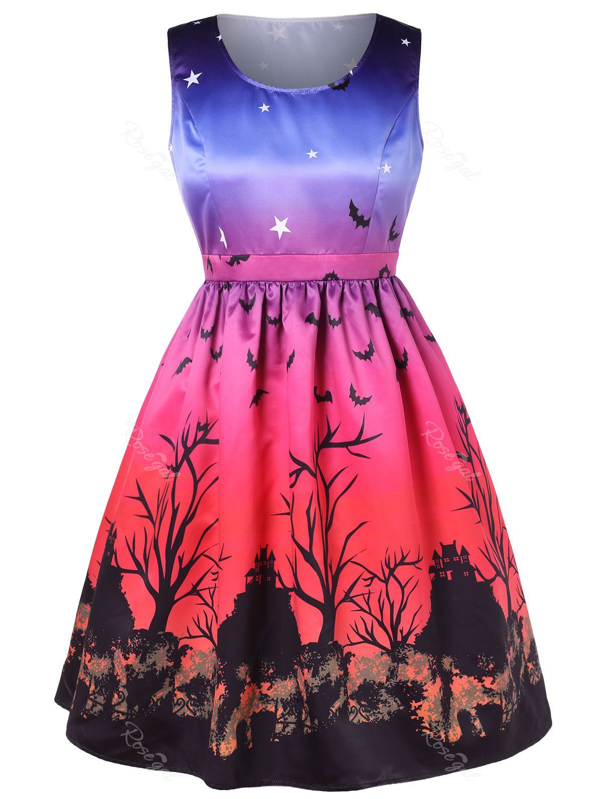 

Halloween Plus Size Bat Print Sleeveless A Line Dress, Multi