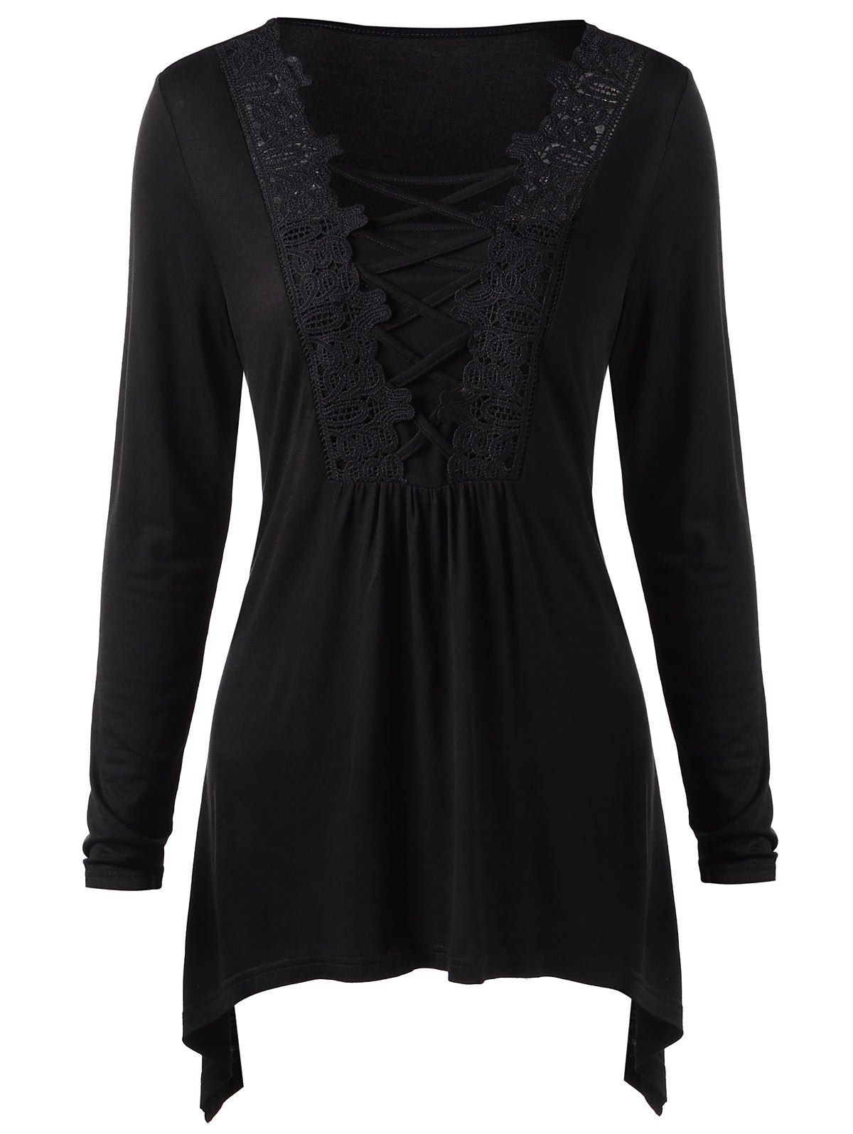 

Long Sleeve Lace Panel Criss Cross Tee, Black