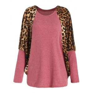 

Casual Scoop Neck Color Splicing Leopard Print Long Sleeves Loose-Fitting Women's Sweater, Red