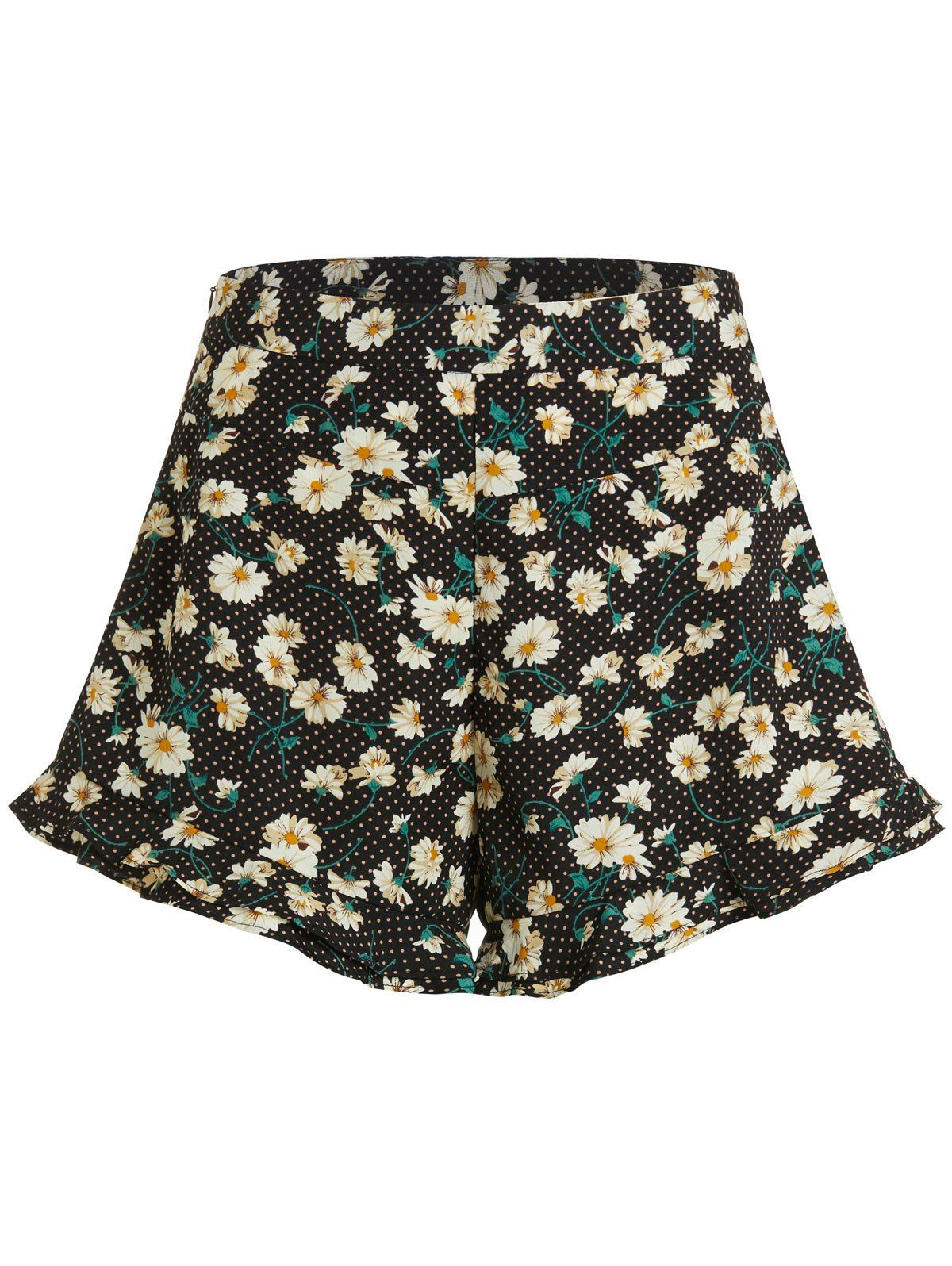 

Polka Dot Daisy Print High Waisted Shorts, Black