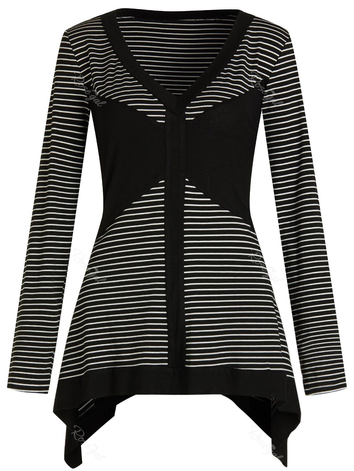 

Plus Size V Neck Color Block Stripe Asymmetrical Long Sleeves T Shirt, Black