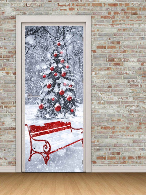 

Christmas Tree Bench Print Door Cover Stickers, White