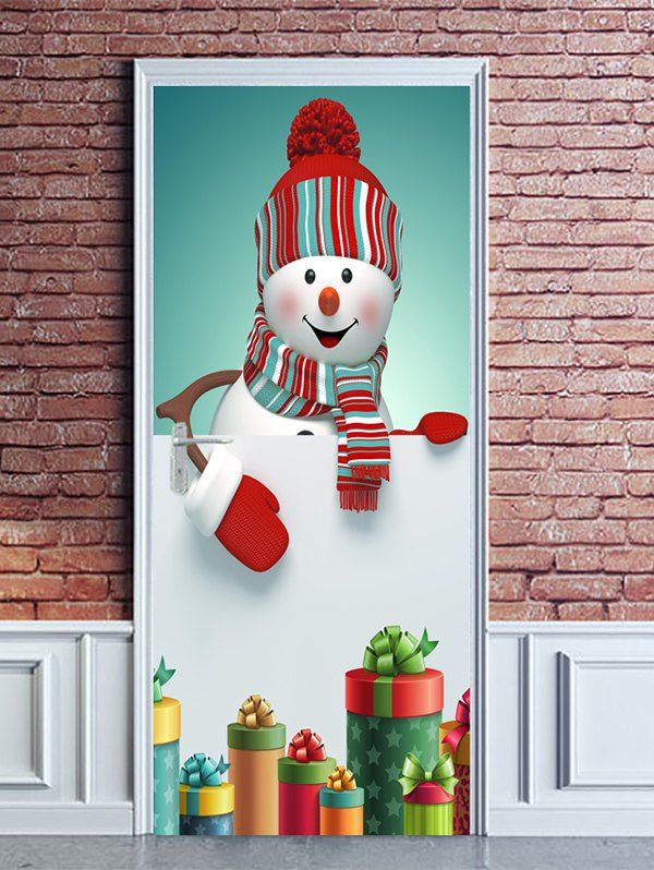 Christmas Snowman Gifts Print Door Cover Stickers, White