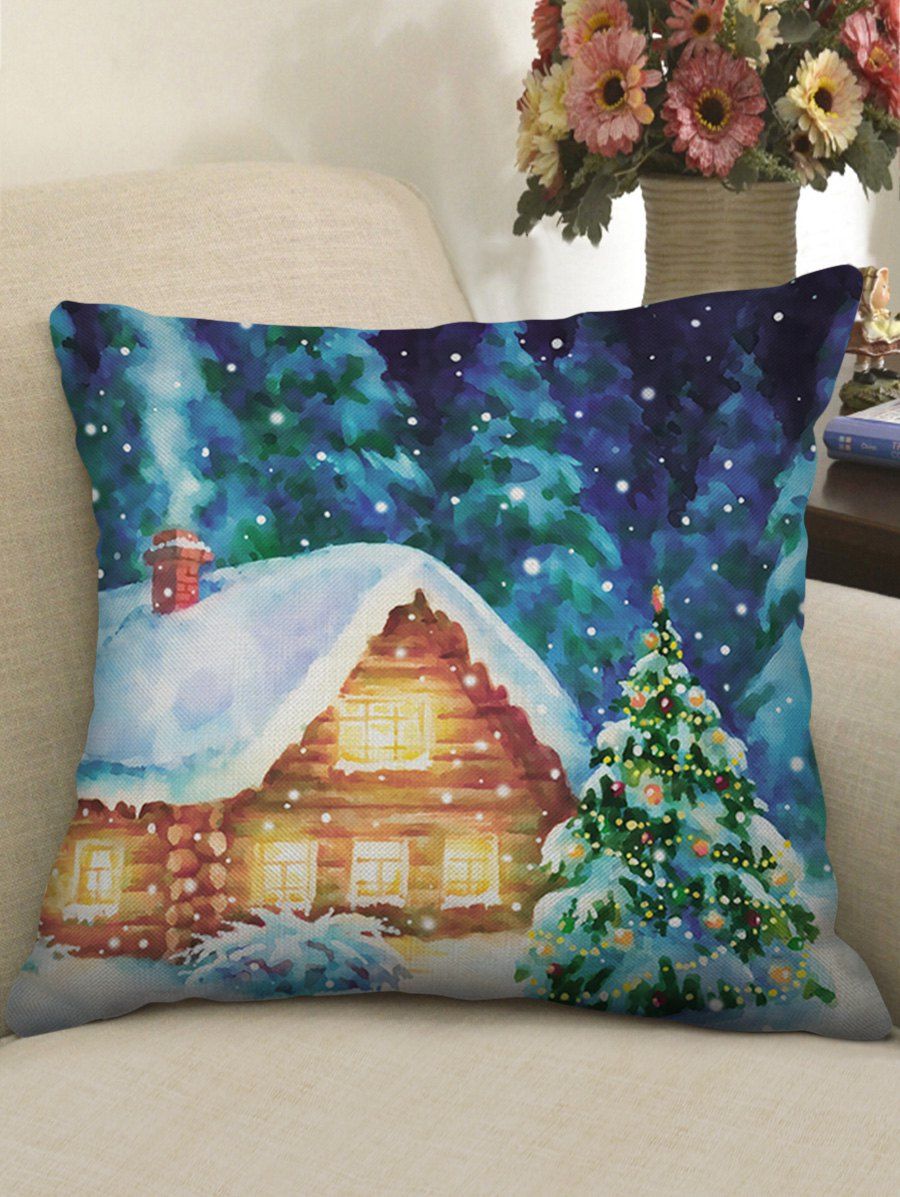 

Christmas Night Print Decorative Linen Pillowcase, Silk blue