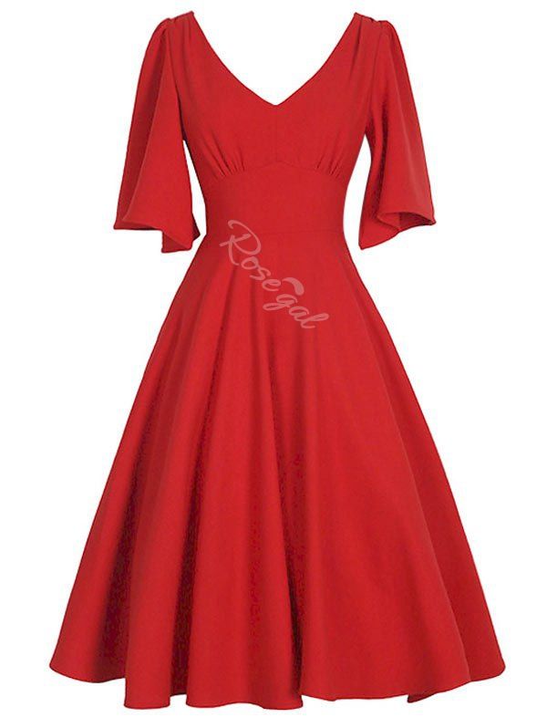 

Plus Size Knee Length Flared Dress, Red