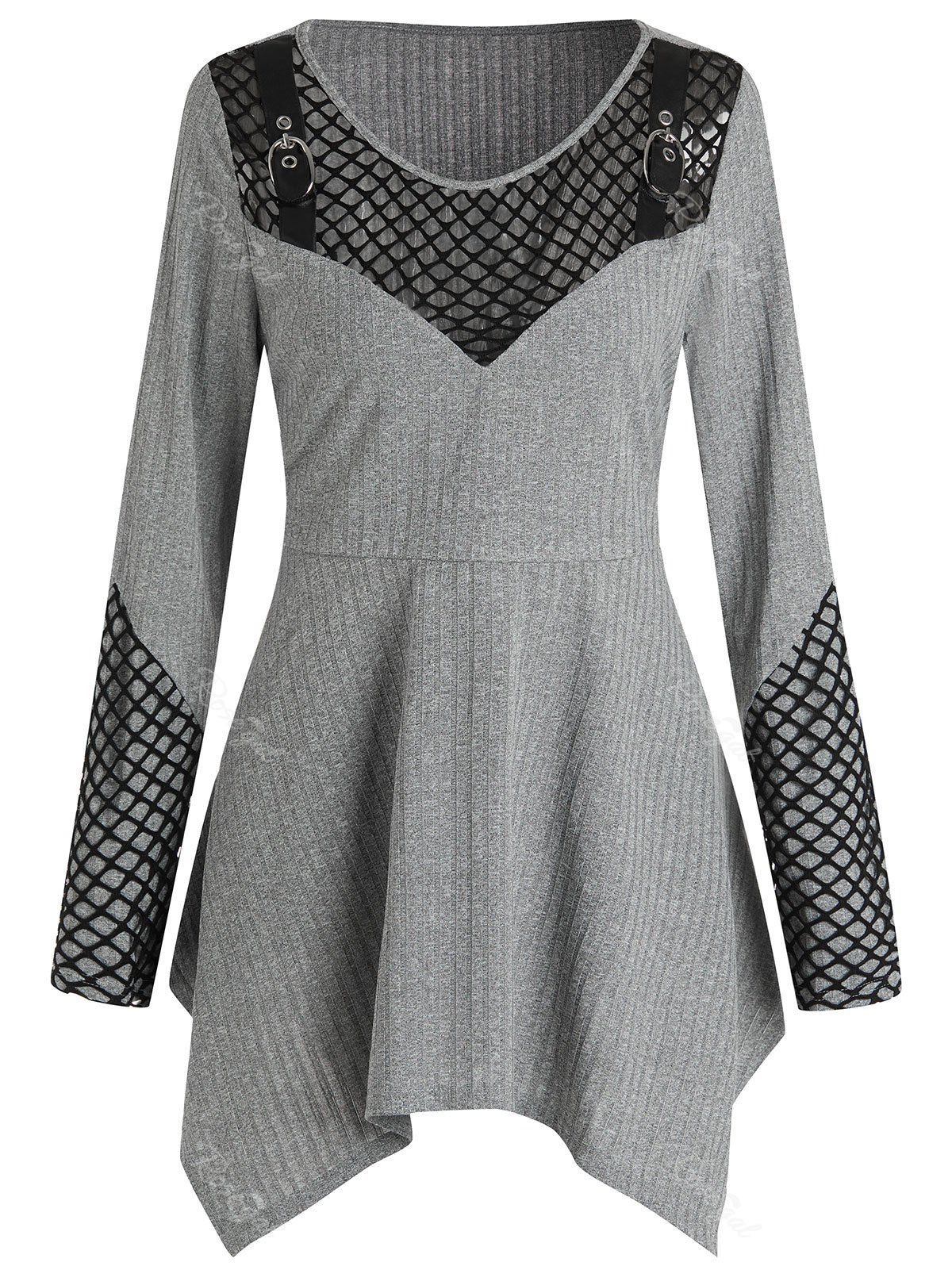 

Fishnet Panel Plus Size Asymmetrical T-shirt, Gray