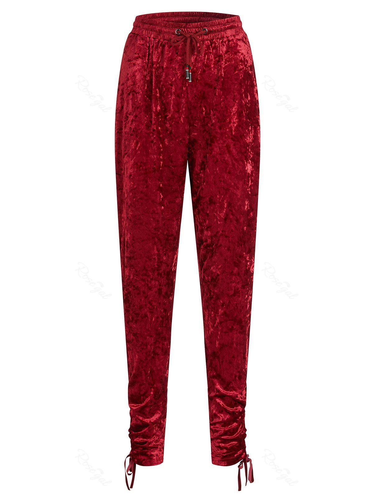 

Gathered Cuffs Velvet Plus Size Joggers Pants, Red