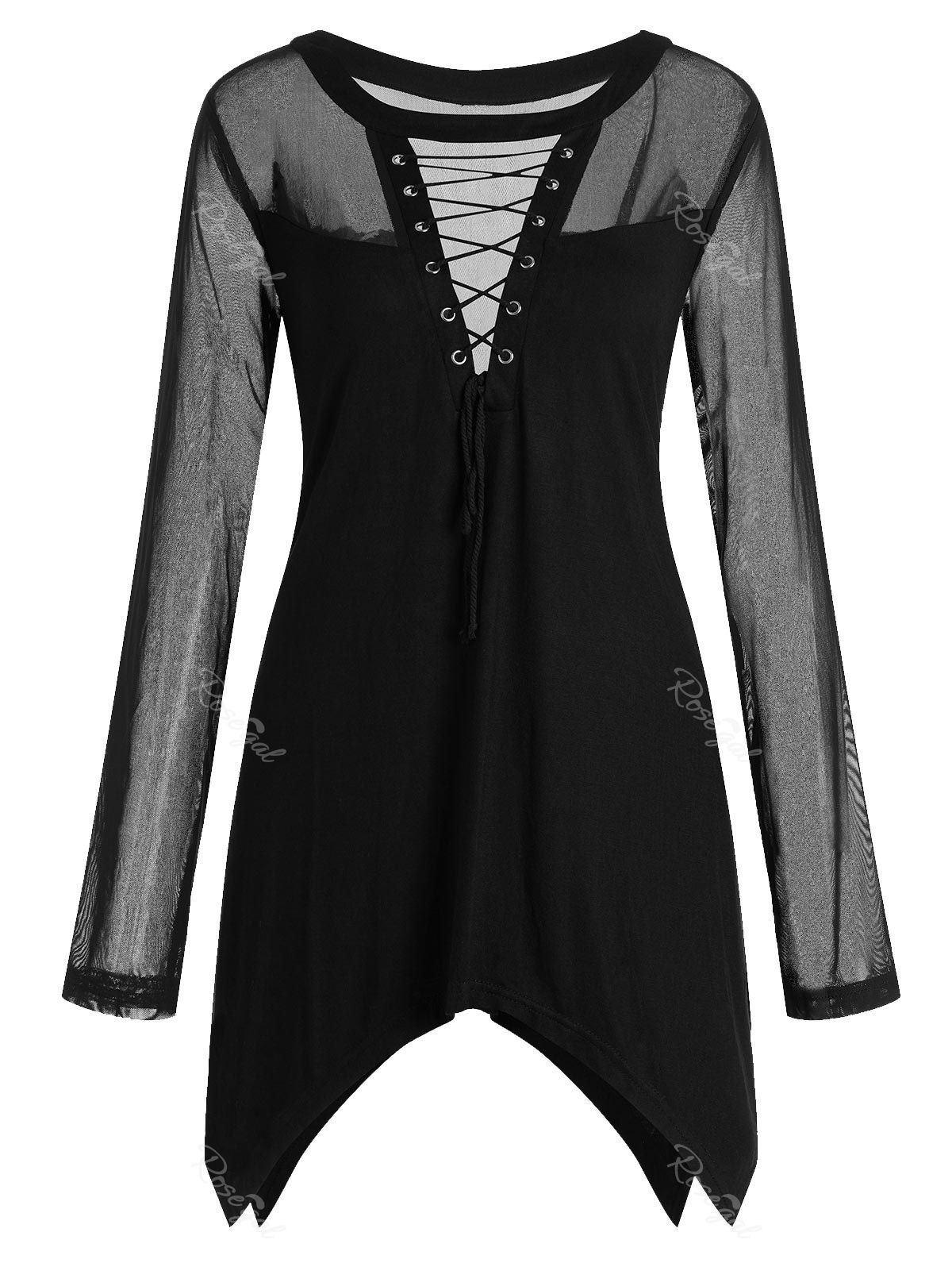 

Plus Size Mesh Spliced Lace Up AsymmetricTop, Black