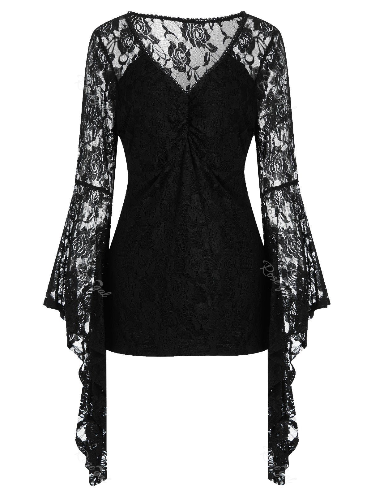 

Plus Size Flare Sleeve Lace T-shirt, Black