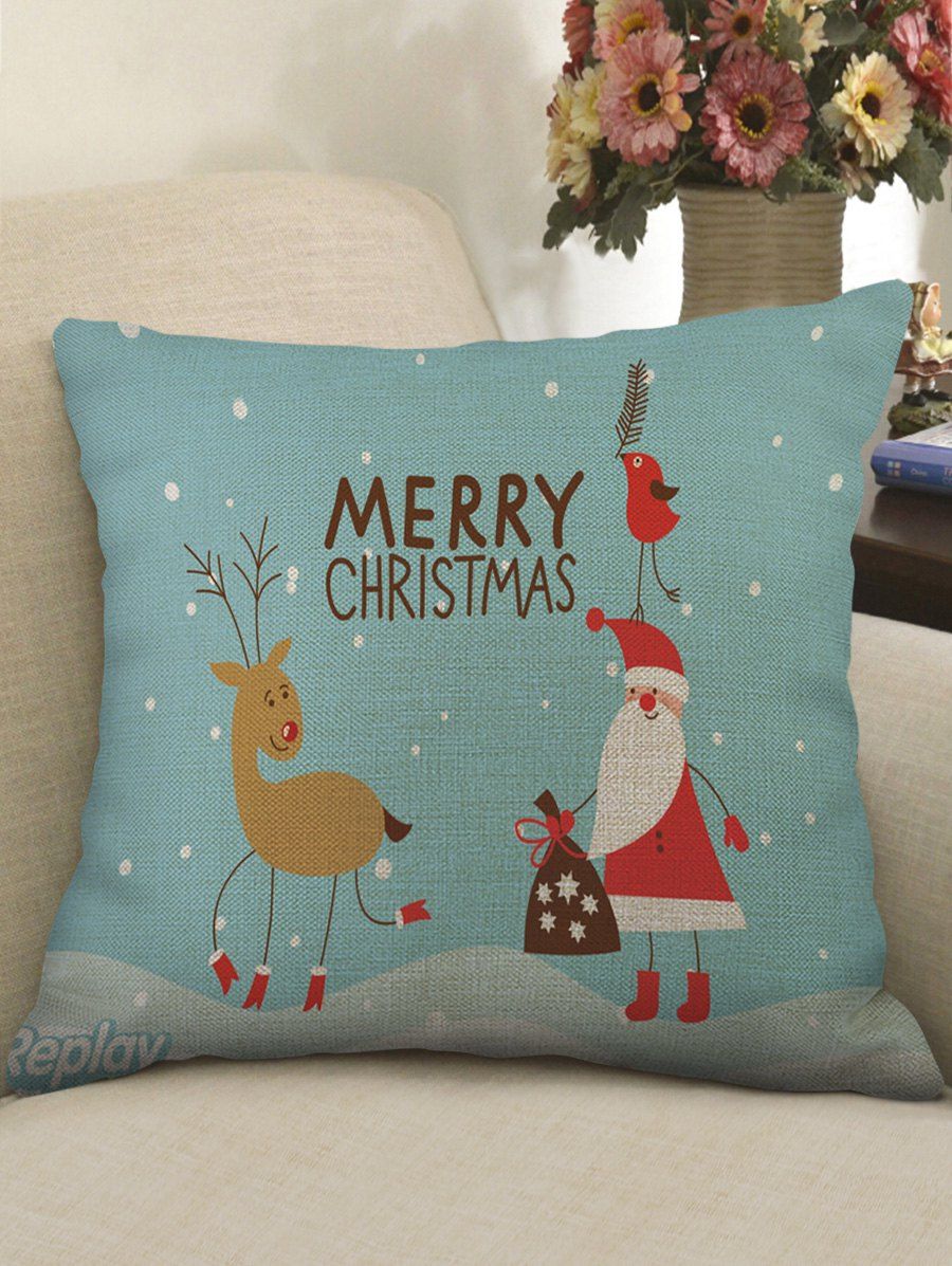 

Christmas Santa Claus Elk Print Decorative Sofa Linen Pillowcase, Cyan opaque