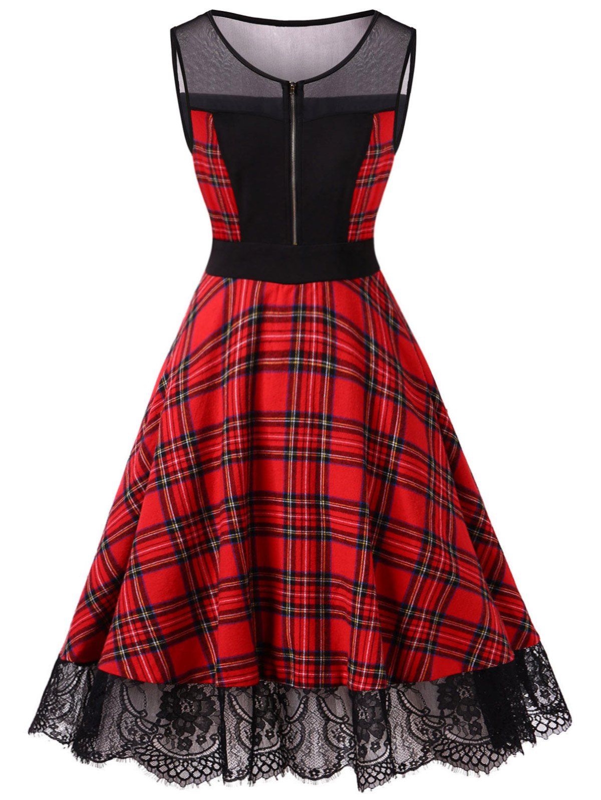 

Vintage Mesh Panel Plaid High Waist Dress, Fire engine red