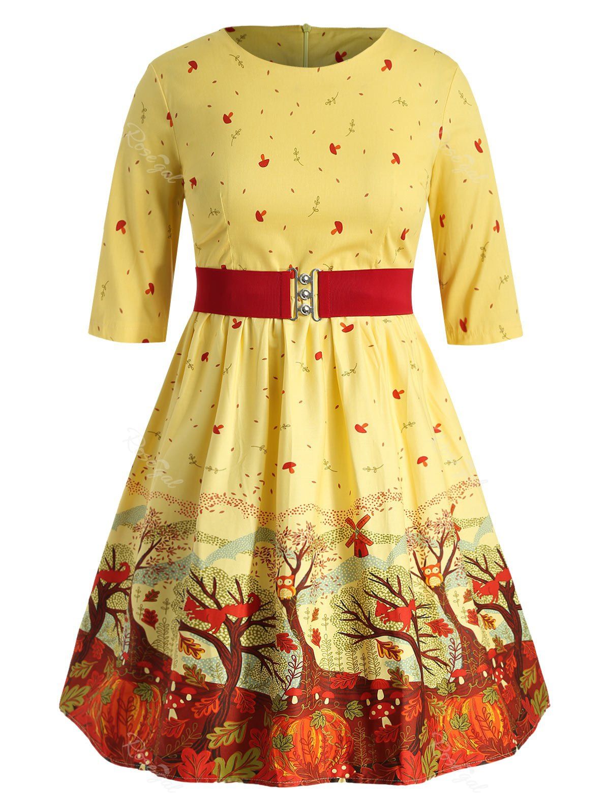 

Halloween Owl Printed Plus Size A Line Dress with Belt, Yellow