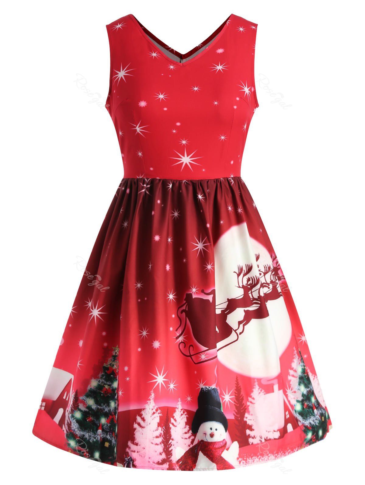 

Christmas Tree Print Plus Size A Line Dress, Red