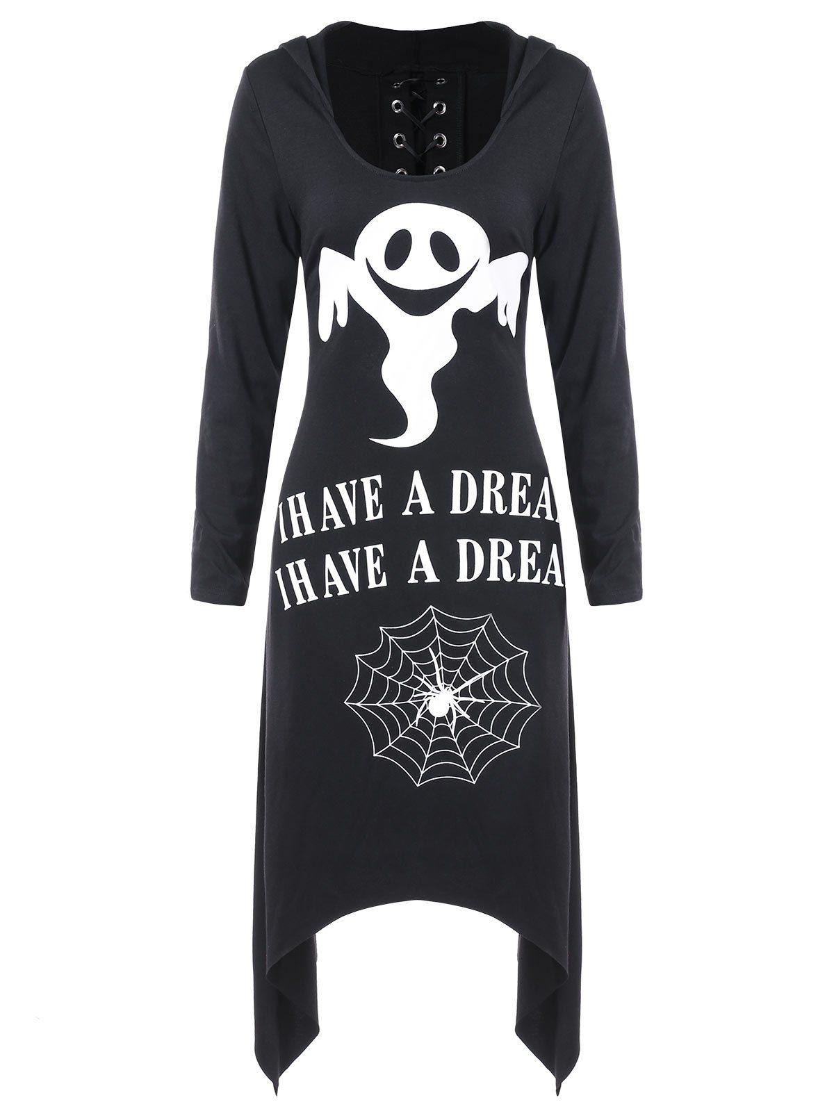 

Halloween Asymmetric Lace Up Graphic Pullover Hoodie, Black