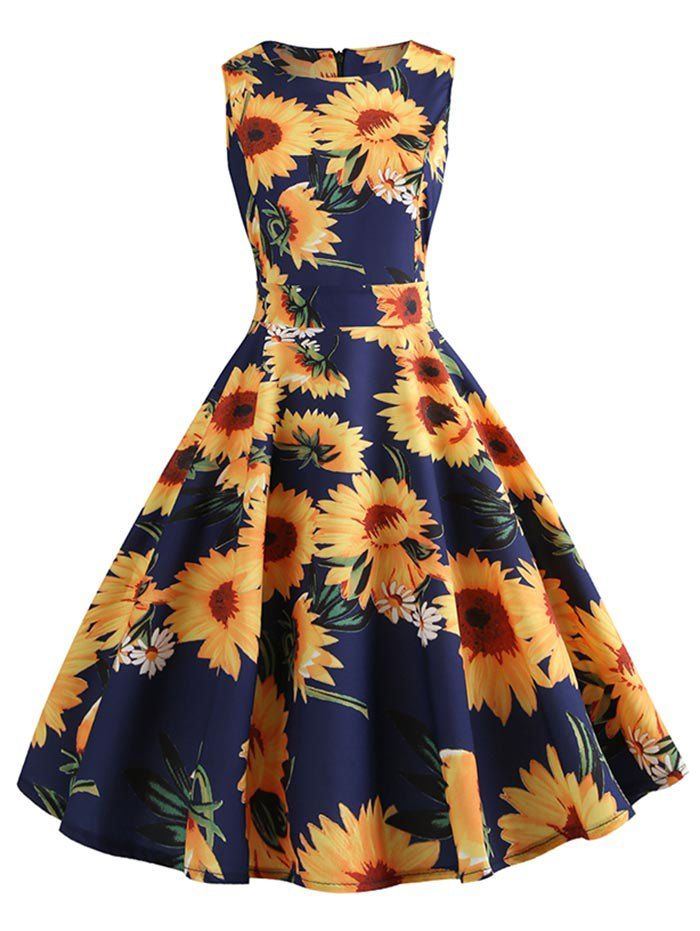 

Vintage Sunflower Print High Waist Swing Dress, Midnight blue