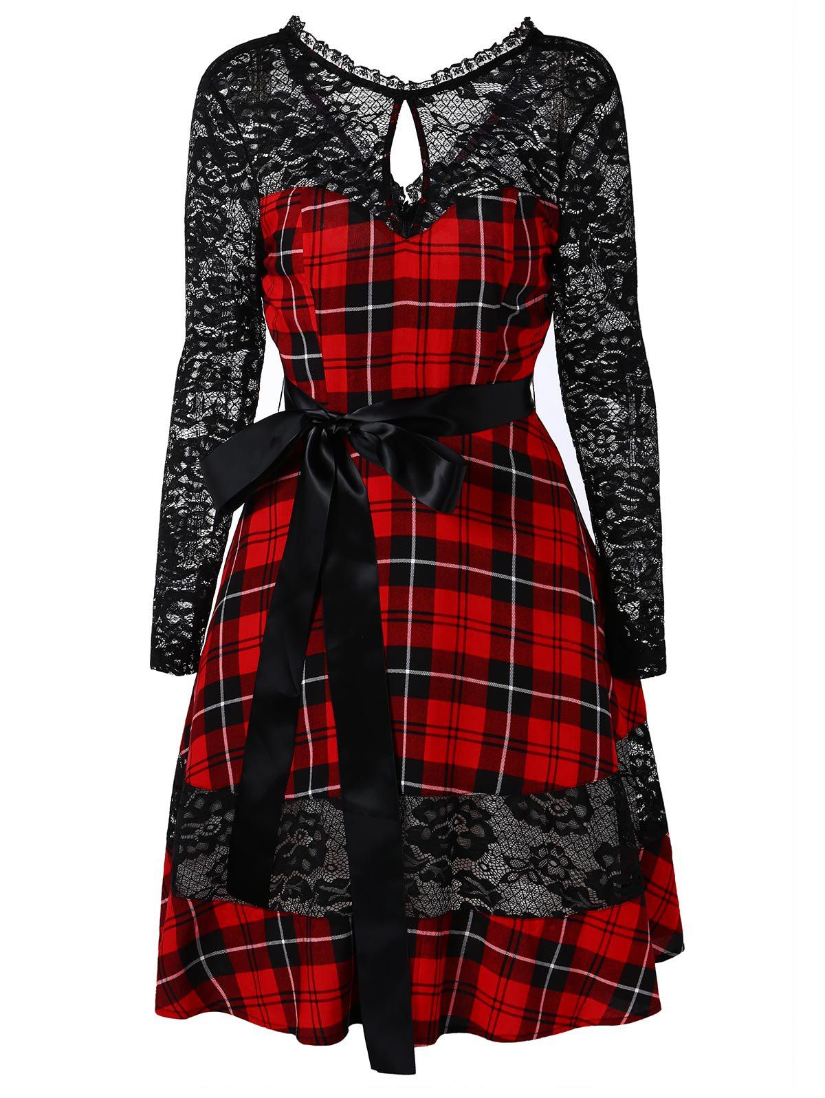 

Long Sleeve Lace Panel Plaid Dress, Multi