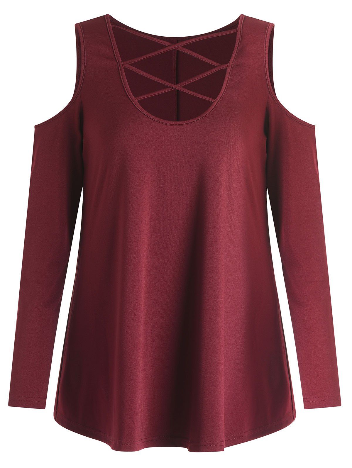 

Criss Cross Collar Cold Shoulder T-shirt, Firebrick