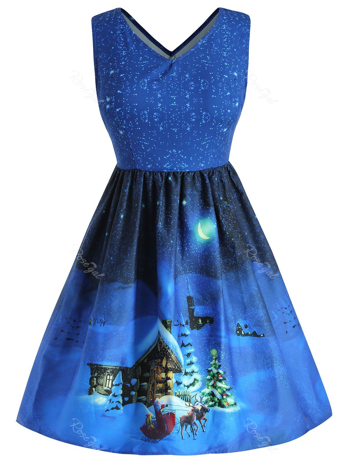 

Christmas House Plus Size V Neck A Line Dress, Deep blue