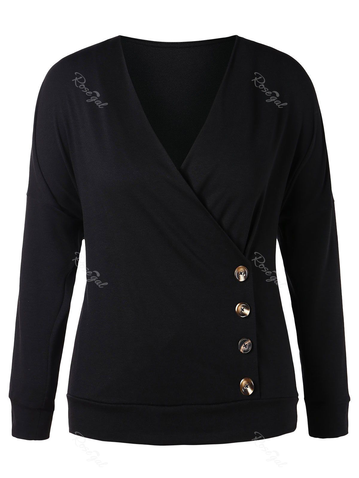 

Plus Size Buttoned Surplice Sweatshirt, Black