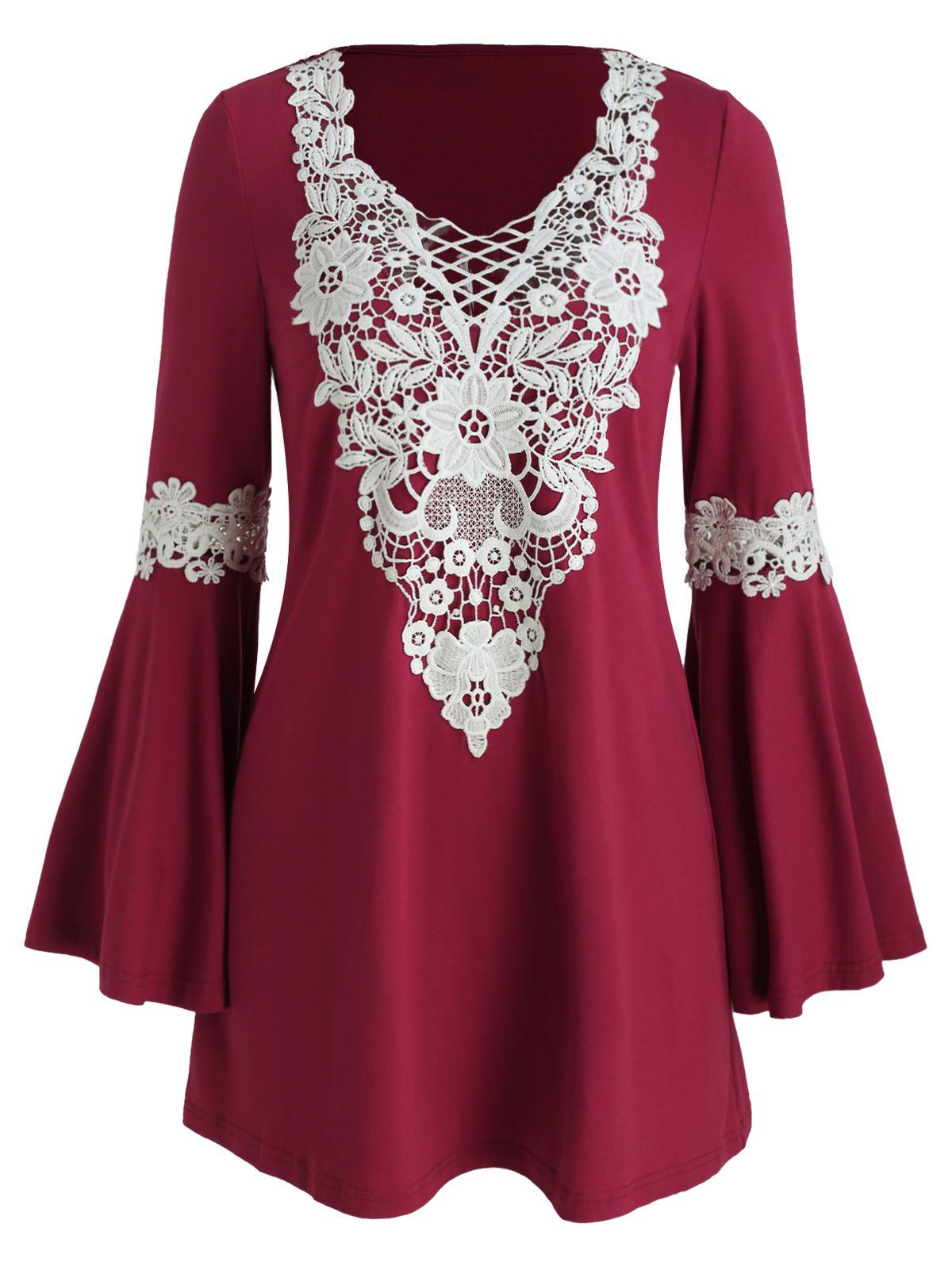 

Crochet Insert Long Sleeve Mini Dress, Red wine
