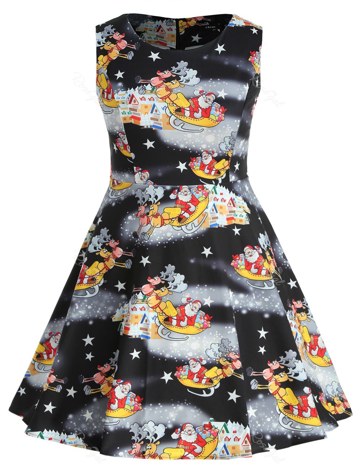 

Santa Claus and Elk Print Plus Size A Line Dress, Black